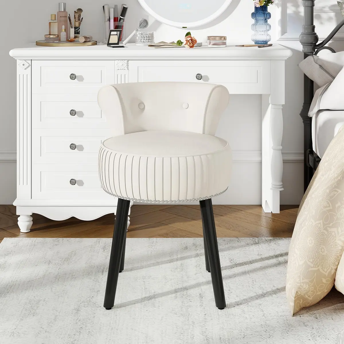 CHARMAID Velvet Vanity Chair for Bedroom, Elegant Accent Chair with Tufted Low Back, Solid Wood Legs, Upholstered Seat, Modern Makeup Stool for Dressing Room, Home Office (Beige & Black) | Tufted Velvet, 19" x 18" x 26" - view 9