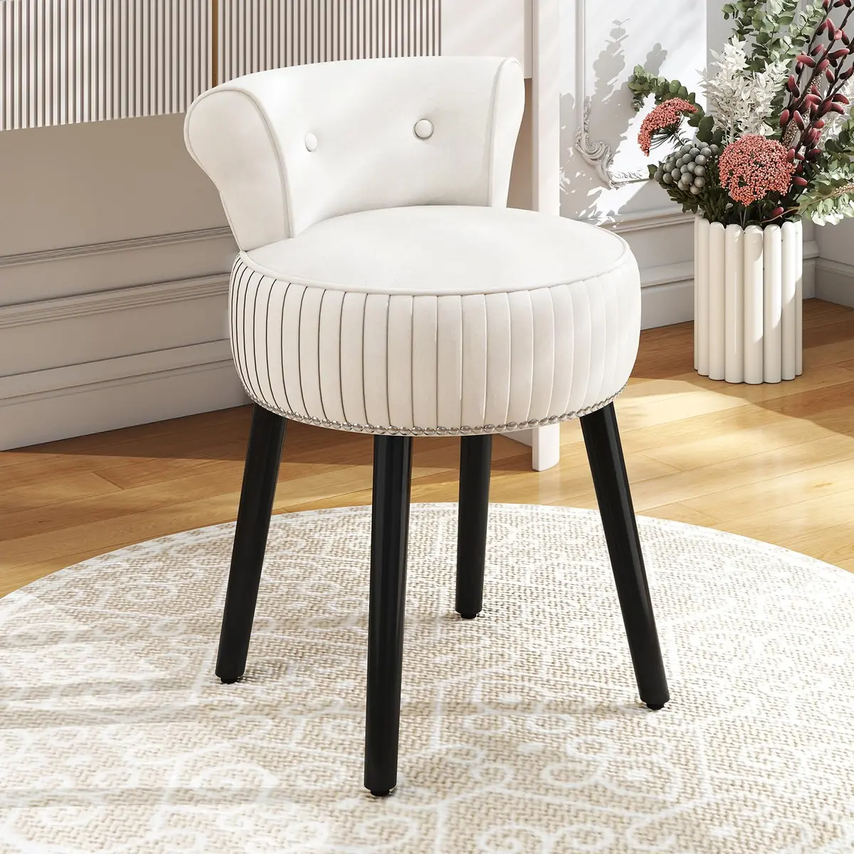 CHARMAID Velvet Vanity Chair for Bedroom, Elegant Accent Chair with Tufted Low Back, Solid Wood Legs, Upholstered Seat, Modern Makeup Stool for Dressing Room, Home Office (Beige & Black) | Tufted Velvet, 19" x 18" x 26" - view 2