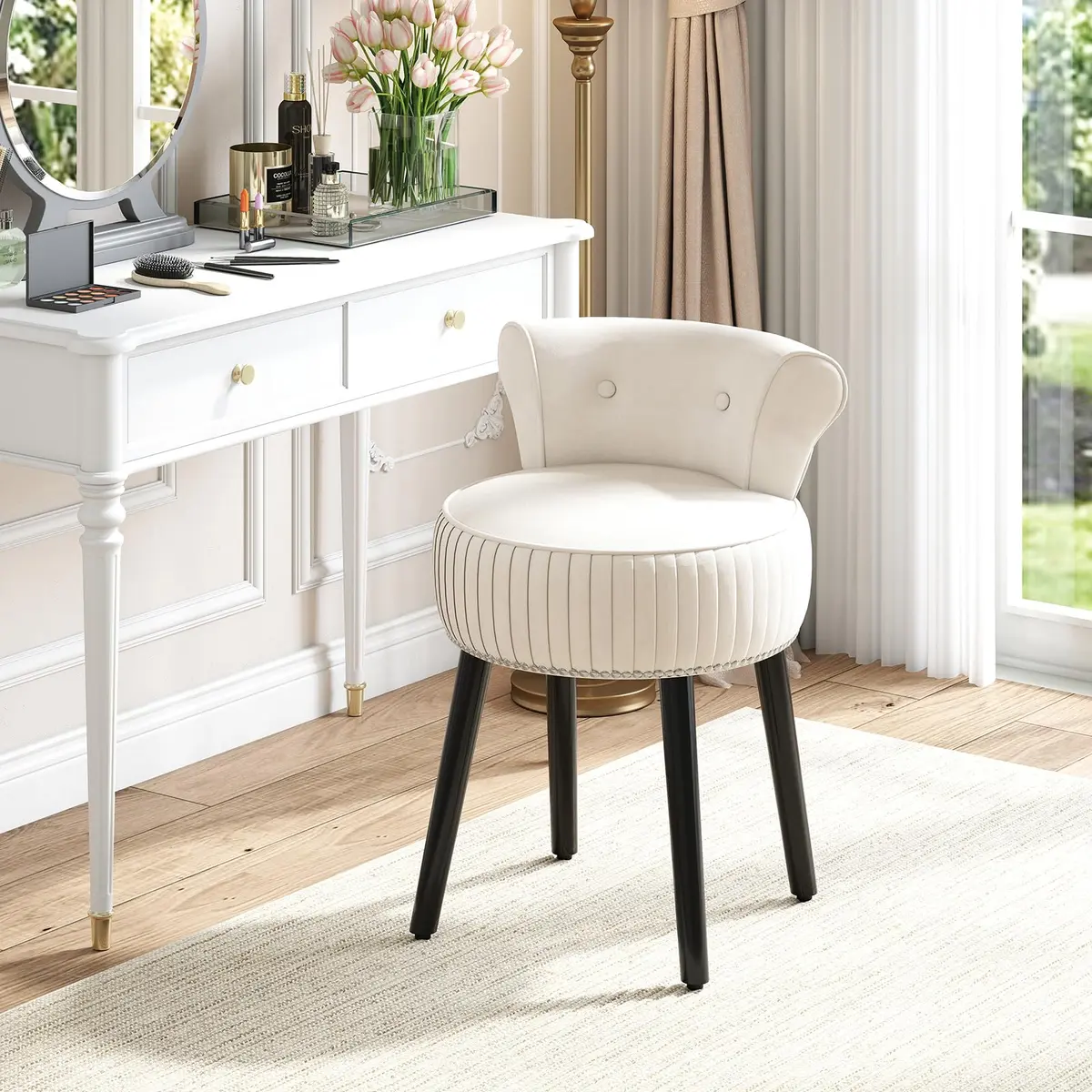 CHARMAID Velvet Vanity Chair for Bedroom, Elegant Accent Chair with Tufted Low Back, Solid Wood Legs, Upholstered Seat, Modern Makeup Stool for Dressing Room, Home Office (Beige & Black) | Tufted Velvet, 19" x 18" x 26" - view 3