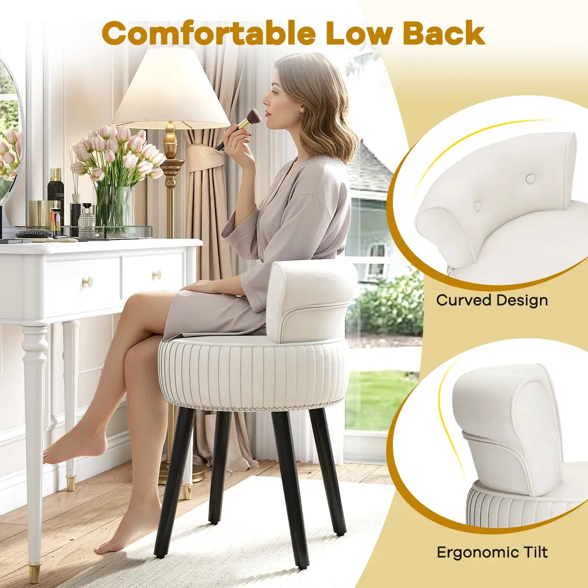 CHARMAID Velvet Vanity Chair for Bedroom, Elegant Accent Chair with Tufted Low Back, Solid Wood Legs, Upholstered Seat, Modern Makeup Stool for Dressing Room, Home Office (Beige & Black) | Tufted Velvet, 19" x 18" x 26" - view 4