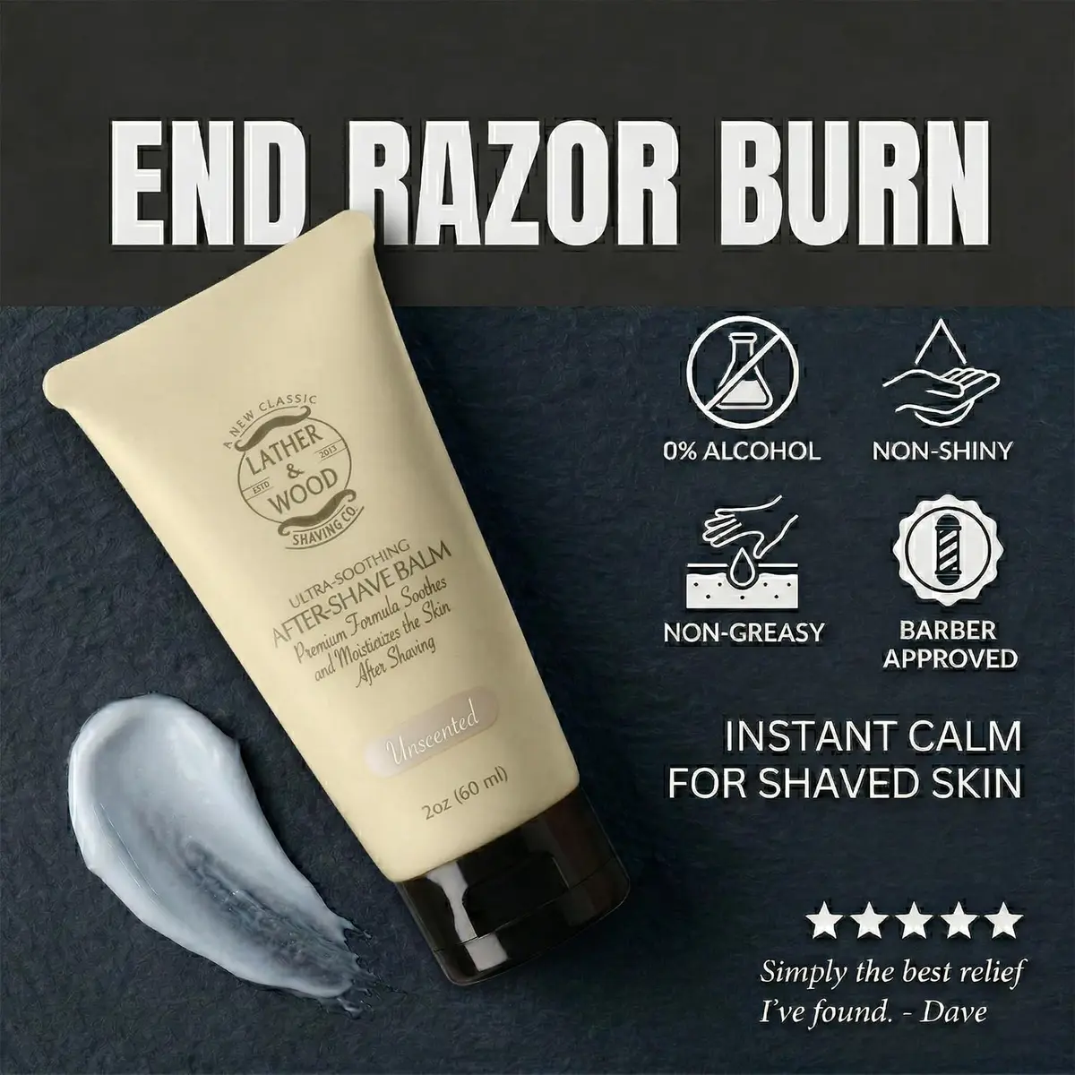 Lather & Wood Unscented Aftershave Balm for Men – Soothes Razor Burn, Hydrates & Restores Skin – Alcohol Free, Non-Greasy Formula - 2oz - view 3