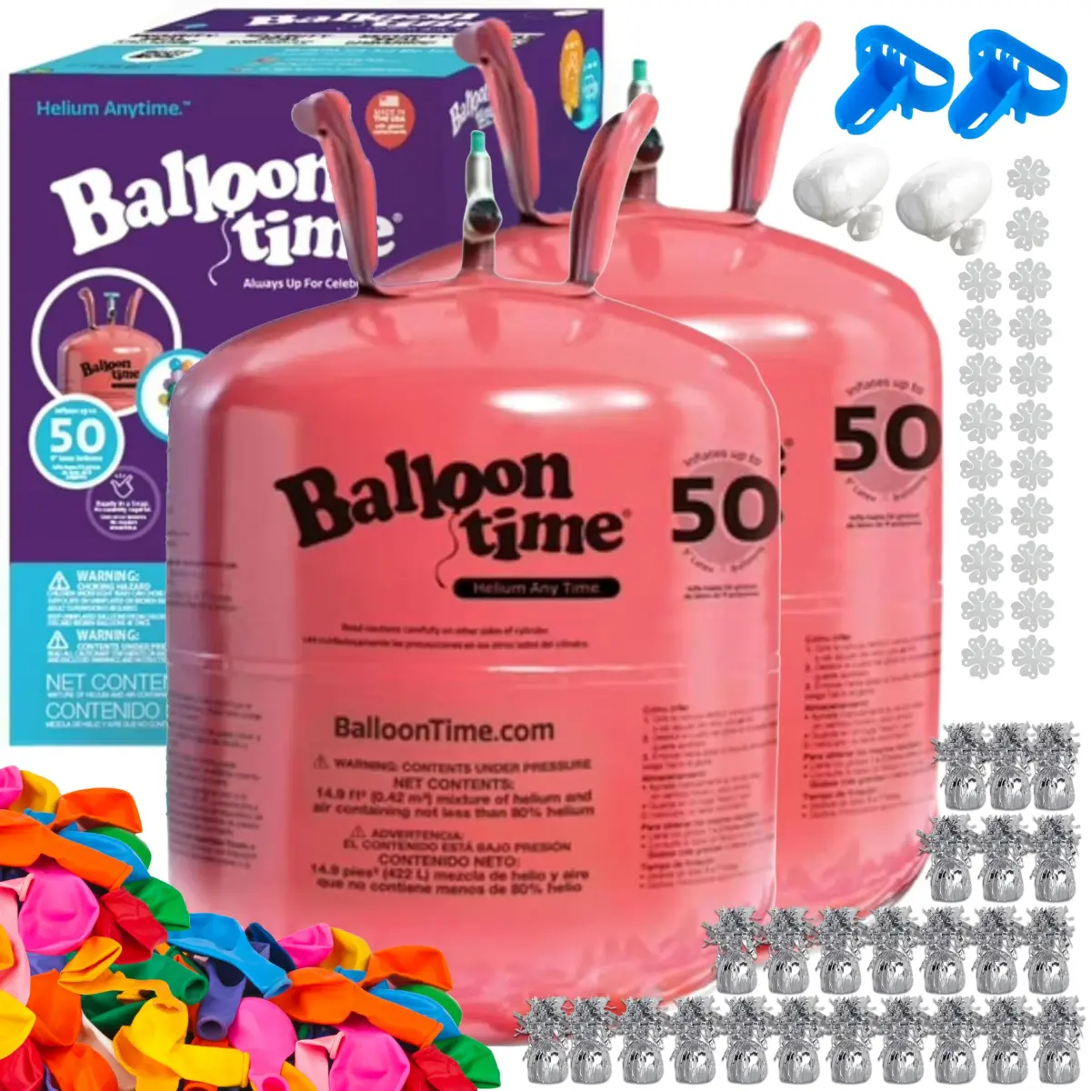 BLUE RIBBON Helium Tank for Balloons At Home Silver Kit | 2 x 14.9 cu ft Tanks, 100 Balloons, Ribbon, Weights, Tie Tools - main product image