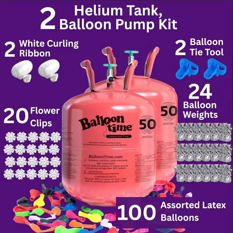 BLUE RIBBON Helium Tank for Balloons At Home Silver Kit | 2 x 14.9 cu ft Tanks, 100 Balloons, Ribbon, Weights, Tie Tools - view 2
