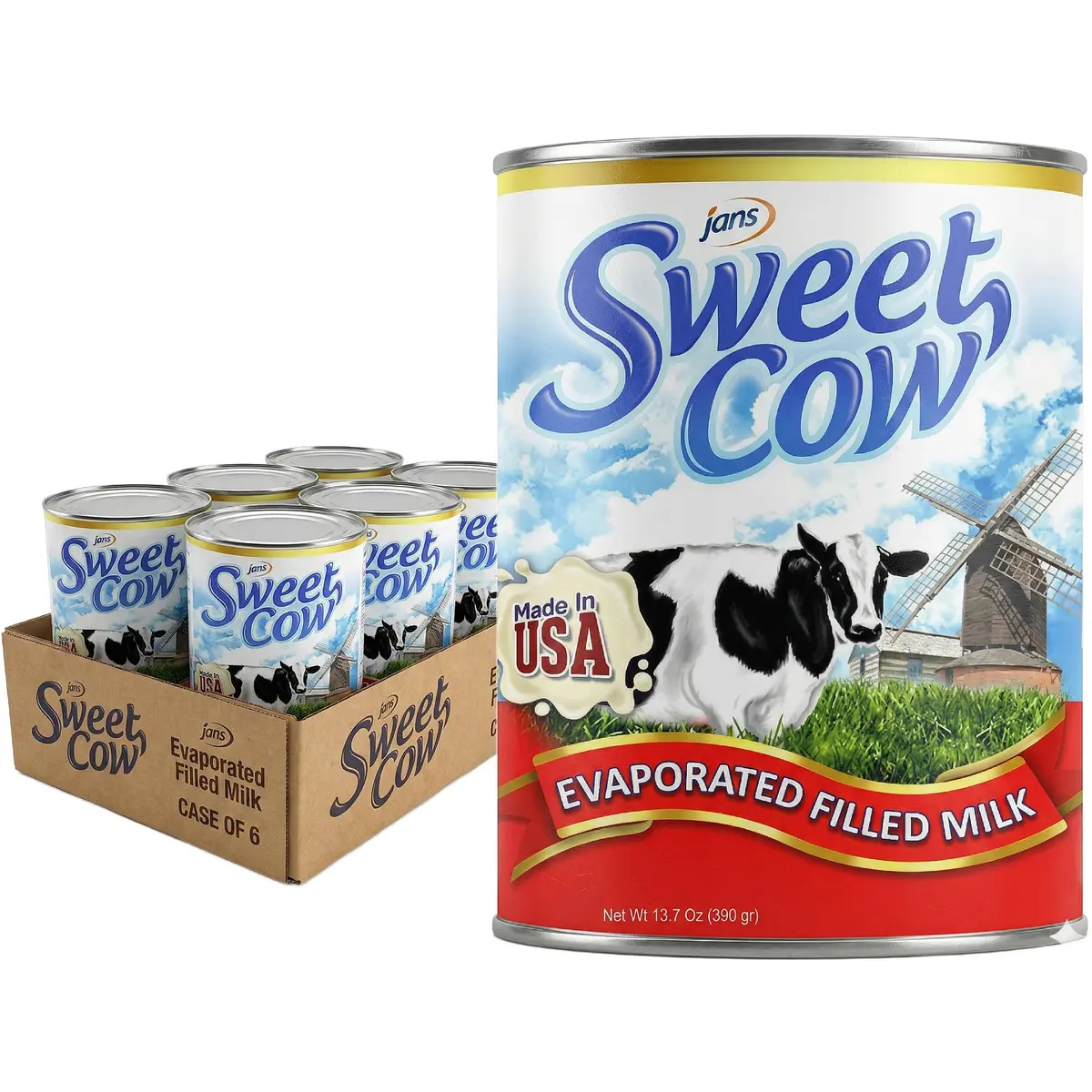 Jans Sweet Cow Evaporated Milk, 13.7 oz (388 ml) Pack of 6 | Unsweetened Cooking Milk for Rich Desserts & Savory Dishes - main product image