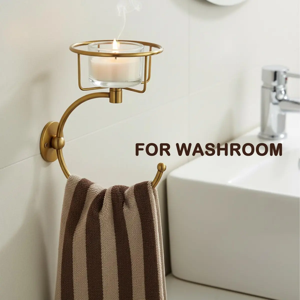 ICCTUO Brass Towel Holder & Candle Sconce | Vintage Bathroom Decor (70-120c) - view 2