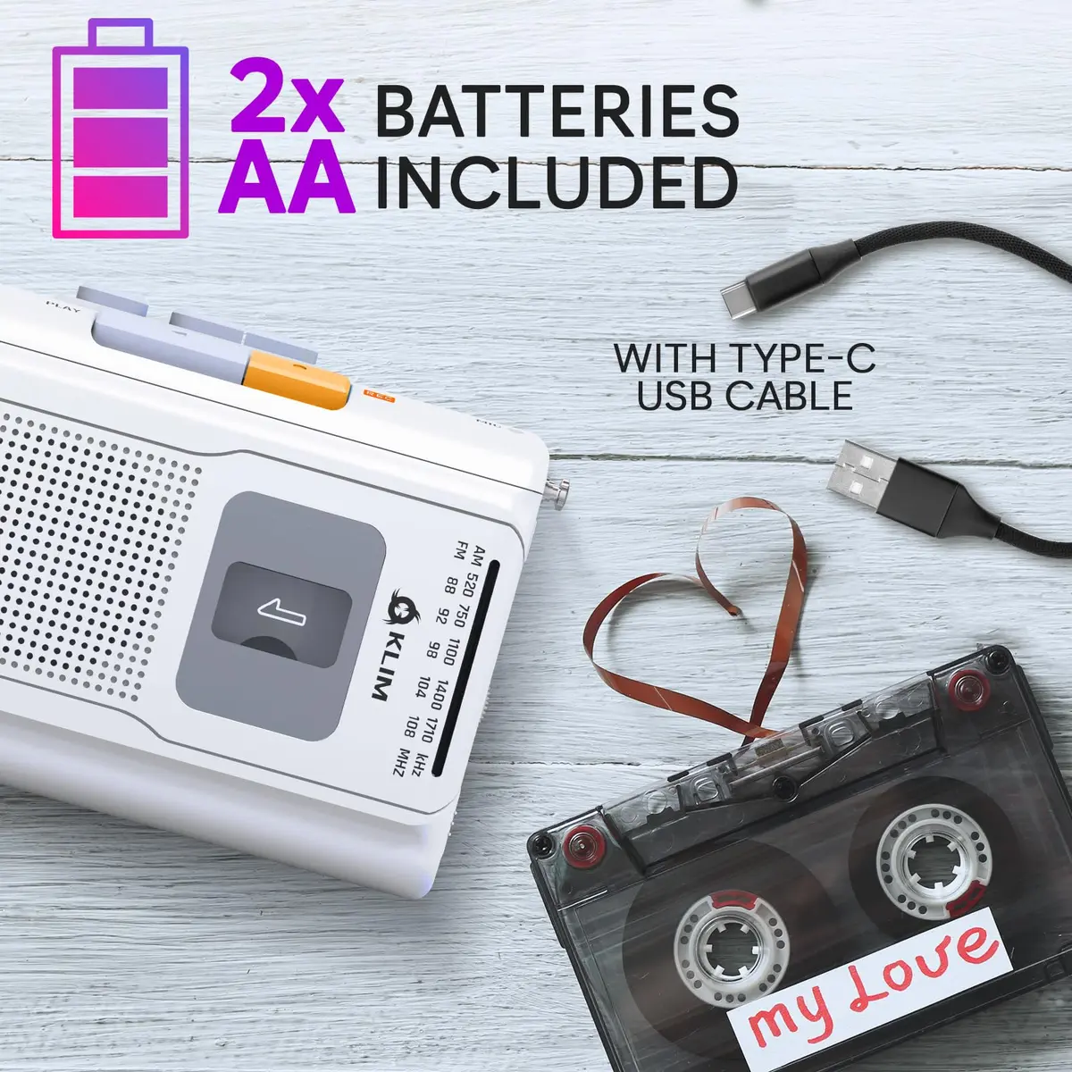 KLIM K8 Cassette Player Portable Recorder with AM FM Radio & Built-in Speaker, White | Playback & Recording, AM/FM Radio, Portability, Flexible Power Options - view 5