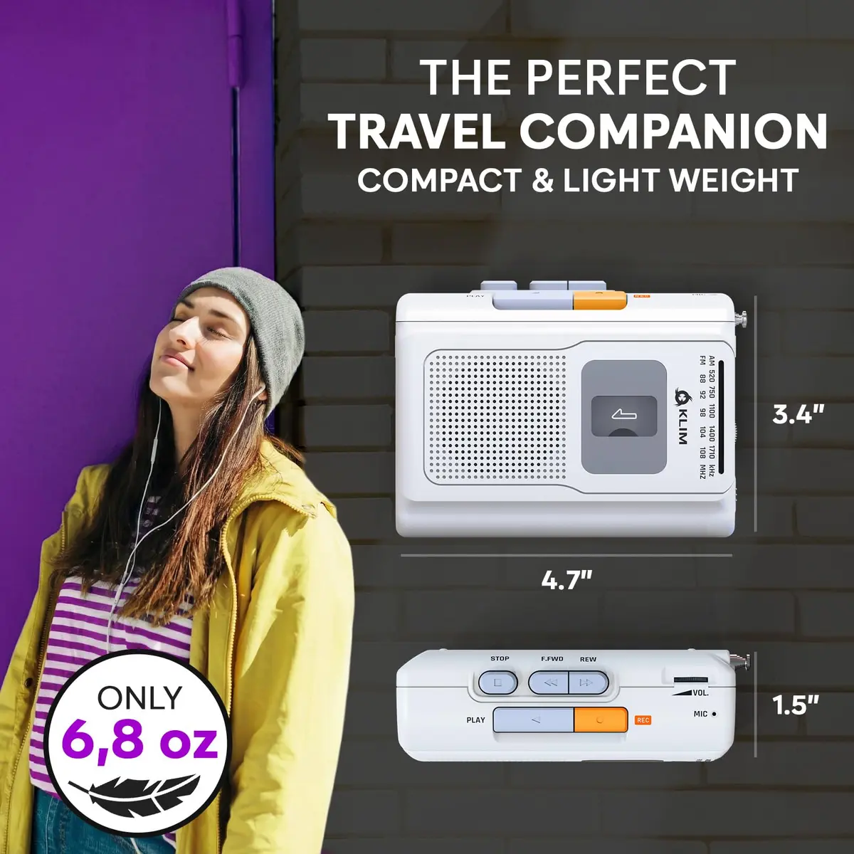 KLIM K8 Cassette Player Portable Recorder with AM FM Radio & Built-in Speaker, White | Playback & Recording, AM/FM Radio, Portability, Flexible Power Options - view 7
