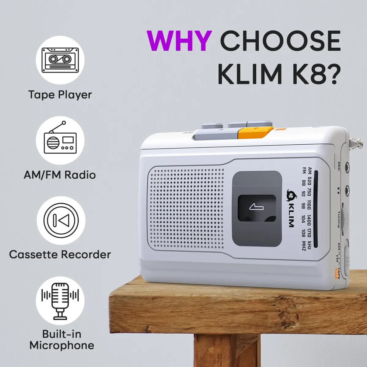 KLIM K8 Cassette Player Portable Recorder with AM FM Radio & Built-in Speaker, White | Playback & Recording, AM/FM Radio, Portability, Flexible Power Options - view 2