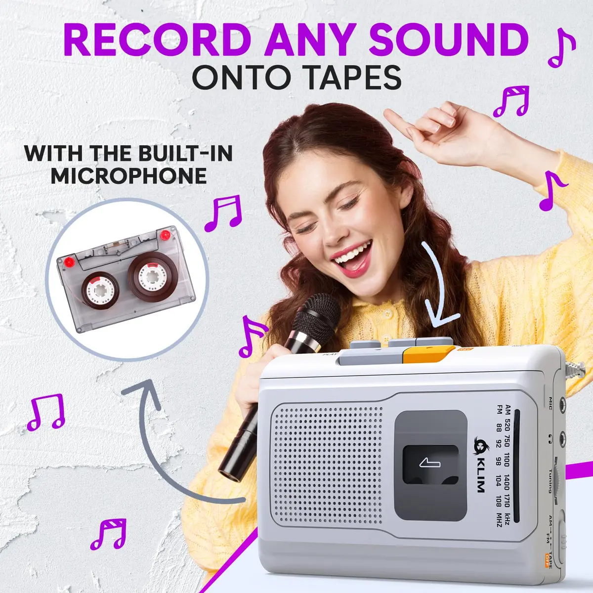 KLIM K8 Cassette Player Portable Recorder with AM FM Radio & Built-in Speaker, White | Playback & Recording, AM/FM Radio, Portability, Flexible Power Options - view 4