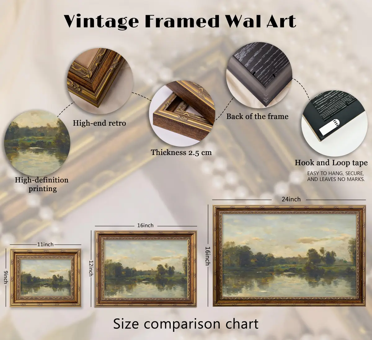 VZKRHPGA Vintage Gold Framed Landscape Wall Art 27.9cm (11") x 22.9cm (9") | Serene River Painting for Home - view 2