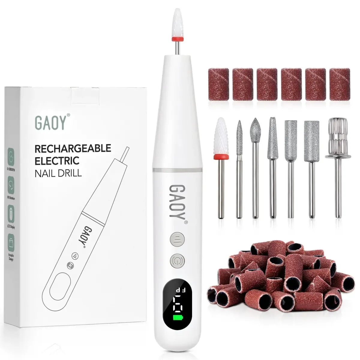 GAOY Cordless Nail Drill White | Rechargeable Electric Nail File with LED Display - main product image