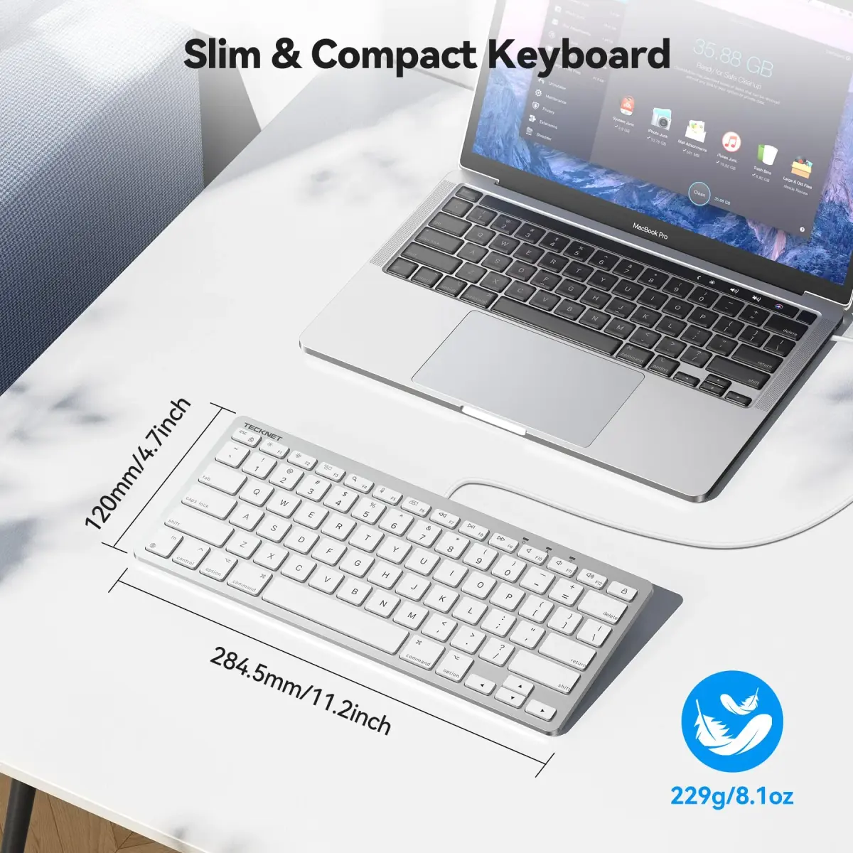 TECKNET Wired Keyboard for MacOS Devices with Dual Interface, Slim Mac Keyboard, Comfortable Ergonomic Typing Angle & Stable Connection for PC/Laptop, Compatible with MacBook, iMac, Mac mini/Pro (White, 78 Keys) - view 2