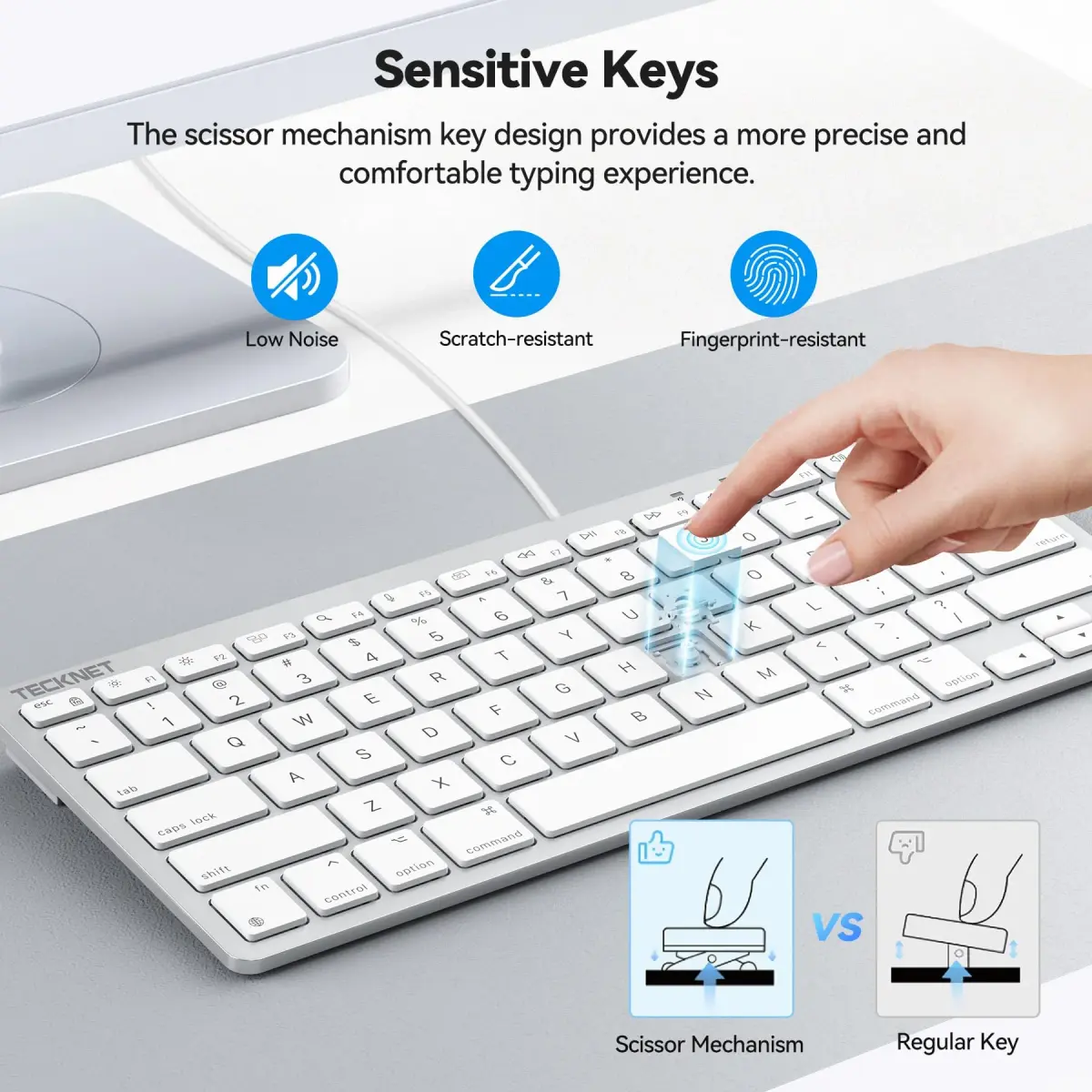 TECKNET Wired Keyboard for MacOS Devices with Dual Interface, Slim Mac Keyboard, Comfortable Ergonomic Typing Angle & Stable Connection for PC/Laptop, Compatible with MacBook, iMac, Mac mini/Pro (White, 78 Keys) - view 4