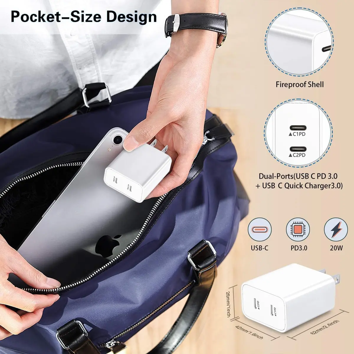 BikeAnything USB C Charger Block 20W | Dual Port Fast Charging for iPhone & iPad - view 7