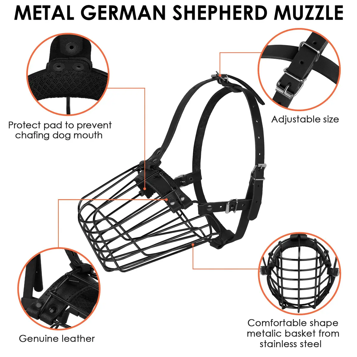 BUDKAS German Shepherd Dog Muzzle Metal Basket Size L | Adjustable Durable Leather Straps - view 3