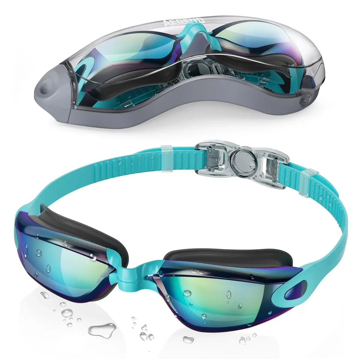 Aegend Swim Goggles, Cyan Aqua Mirrored Anti-Fog, Adult & Youth Fit | 180° Panoramic View - main product image
