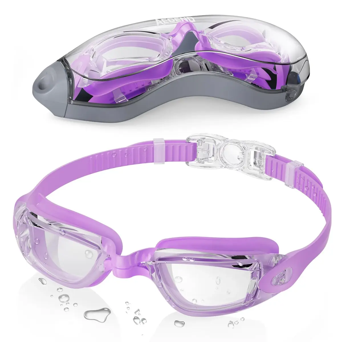 Aegend Swim Goggles Purple Clear Universal Fit Adult Youth | Anti-Fog UV Protection Leakproof - main product image