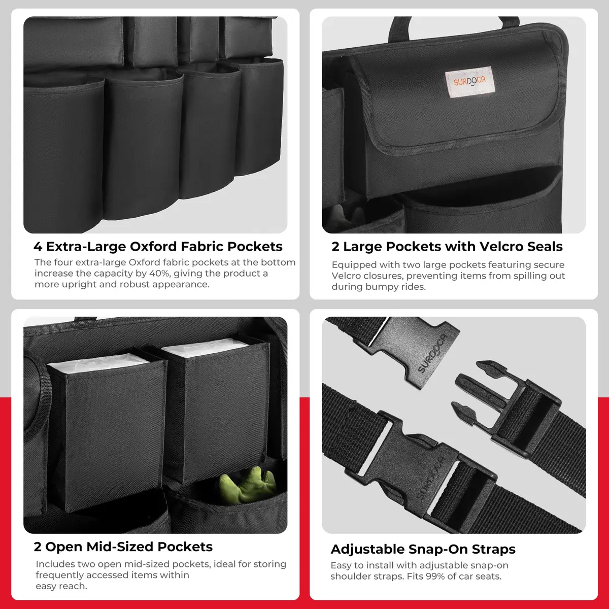 SURDOCA Large Capacity Car Trunk Organizer 110cm (43.3in) | Heavy Duty 600D Oxford Fabric with 8 Pockets - view 5