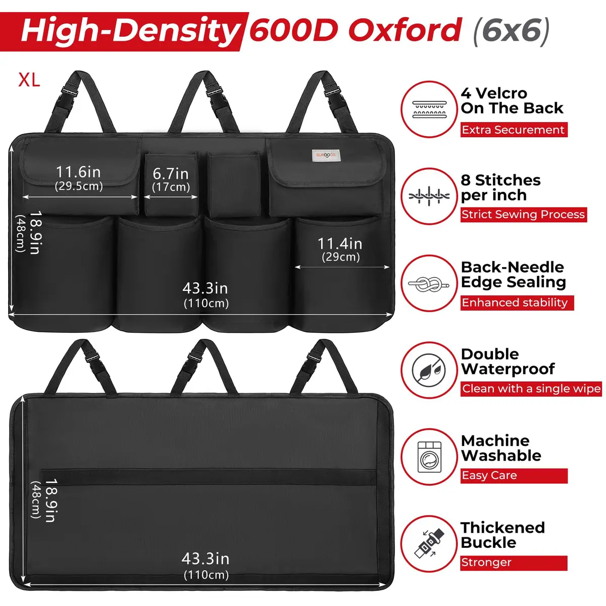 SURDOCA Large Capacity Car Trunk Organizer 110cm (43.3in) | Heavy Duty 600D Oxford Fabric with 8 Pockets - view 3