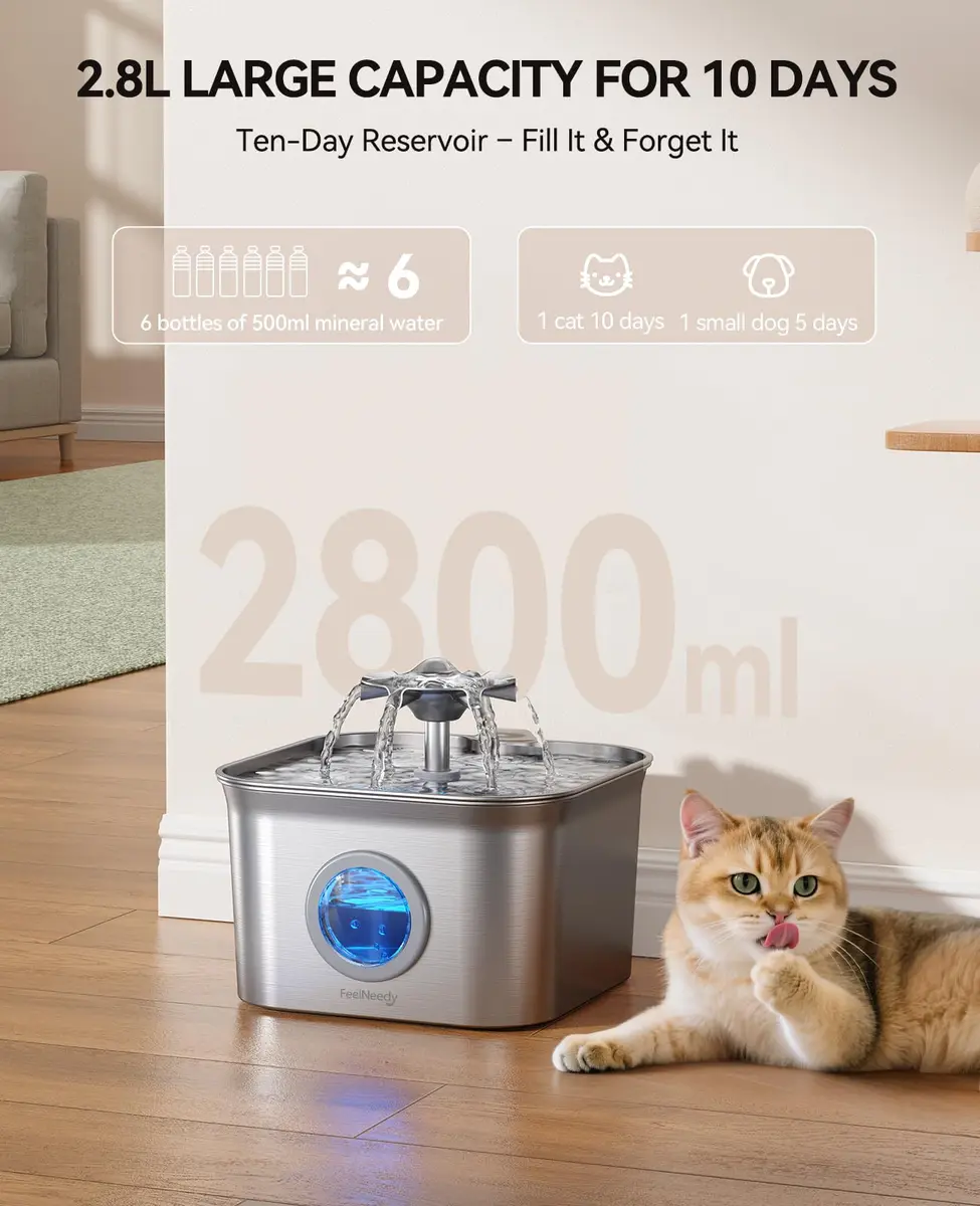 FEELNEEDY Cat Water Fountain Stainless Steel 2.8L | Ultra-Quiet, Dishwasher Safe, 4-Stage Filtration - view 7