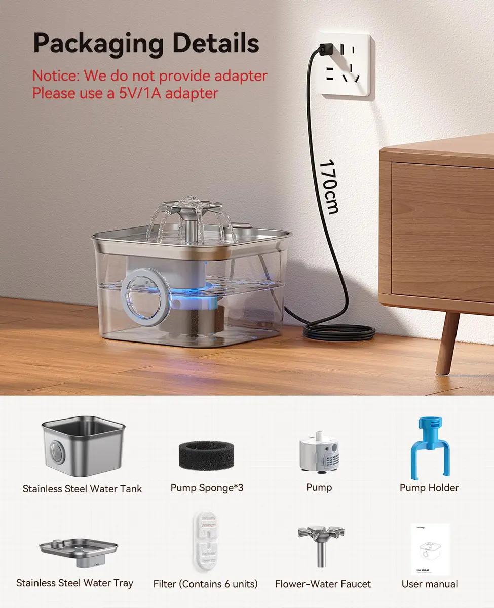 FEELNEEDY Cat Water Fountain Stainless Steel 2.8L | Ultra-Quiet, Dishwasher Safe, 4-Stage Filtration - view 8