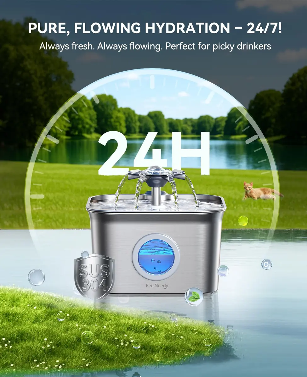 FEELNEEDY Cat Water Fountain Stainless Steel 2.8L | Ultra-Quiet, Dishwasher Safe, 4-Stage Filtration - view 2