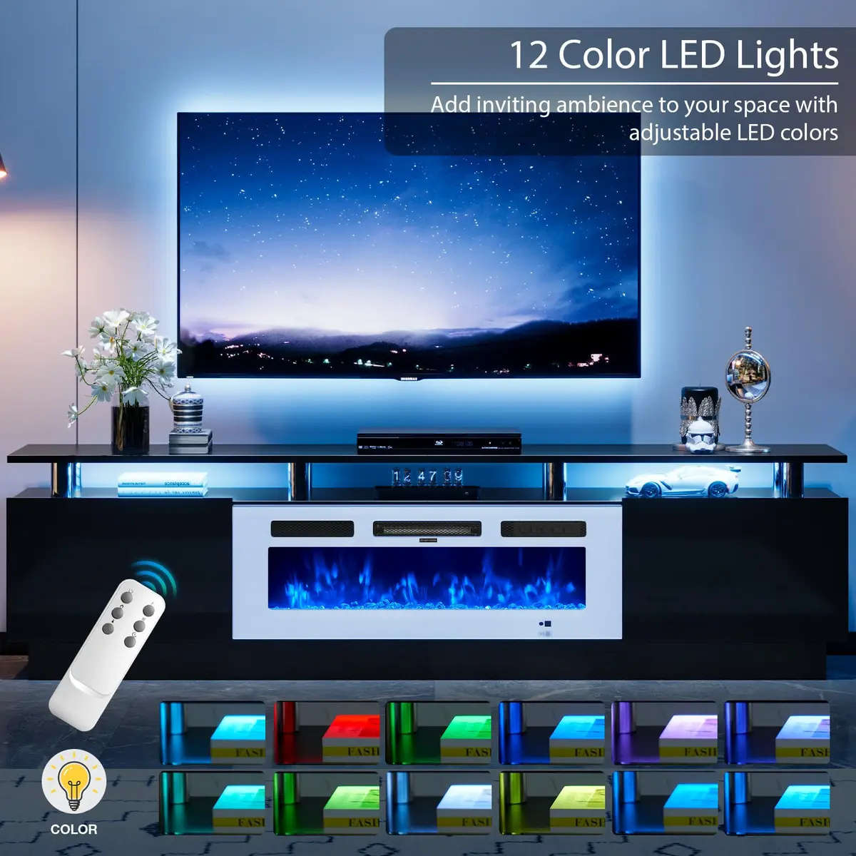 YISUFO 80" Fireplace TV Stand with 36" Electric Fireplace | Modern High Gloss Entertainment Center - view 5