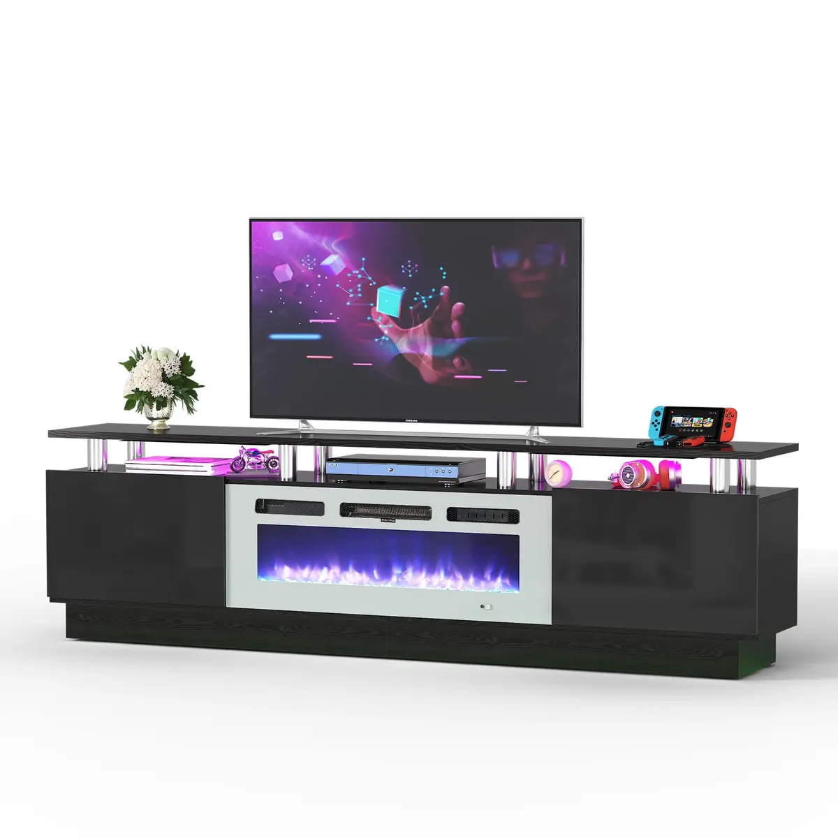 YISUFO 80" Fireplace TV Stand with 36" Electric Fireplace | Modern High Gloss Entertainment Center - view 7