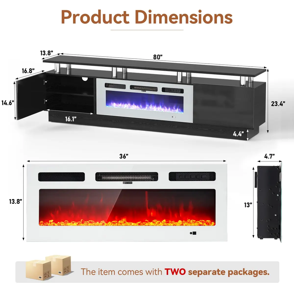 YISUFO 80" Fireplace TV Stand with 36" Electric Fireplace | Modern High Gloss Entertainment Center - view 2