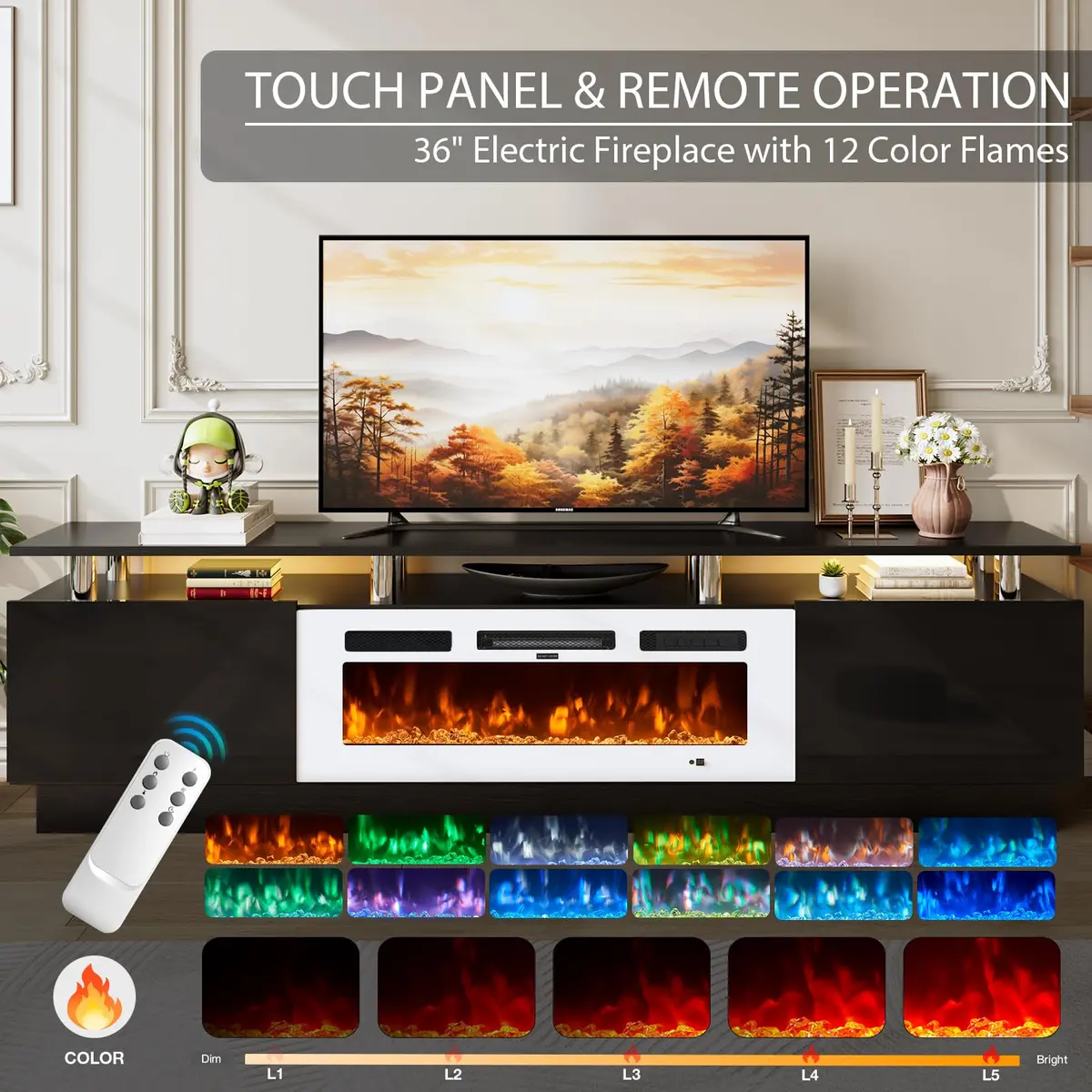 YISUFO 80" Fireplace TV Stand with 36" Electric Fireplace | Modern High Gloss Entertainment Center - view 3