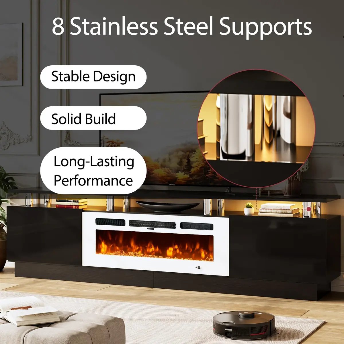 YISUFO 80" Fireplace TV Stand with 36" Electric Fireplace | Modern High Gloss Entertainment Center - view 4