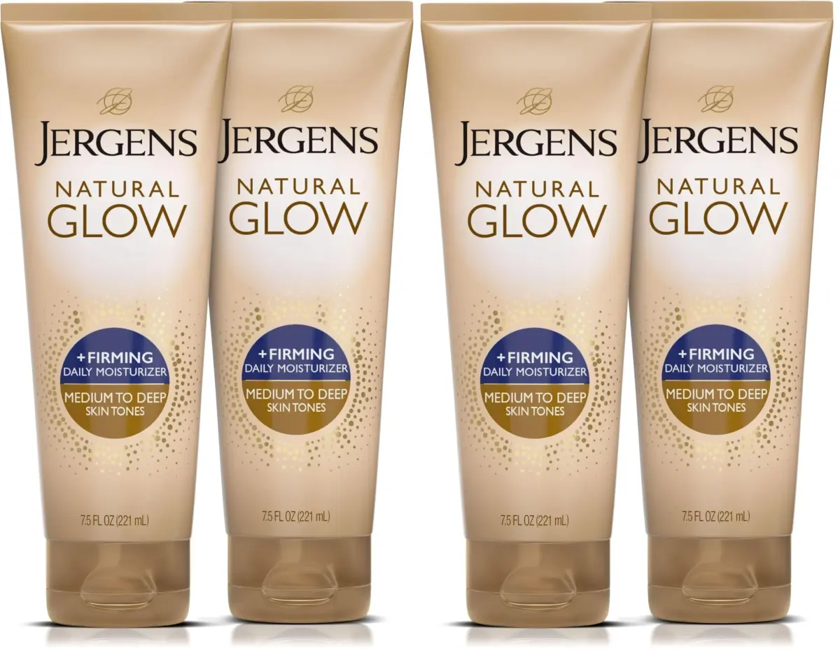 Jergens Natural Glow +Firming Body Lotion, Medium to Deep Skin Tone, 7.5 Oz (222ml) Bottles (Pack of 4) | Gradual Self Tanner with Collagen & Elastin - main product image