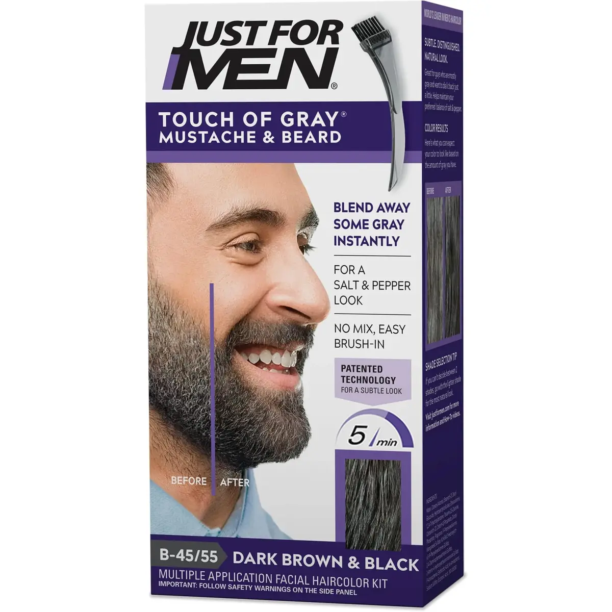 Just For Men Touch of Gray Mustache & Beard Coloring B-45/55 Dark Brown & Black, 30ml (1 fl oz) | Reduces Gray for a Salt & Pepper Look - main product image