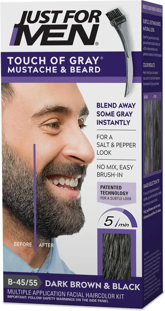 Just For Men Touch of Gray Mustache & Beard Coloring B-45/55 Dark Brown & Black, 30ml (1 fl oz) | Reduces Gray for a Salt & Pepper Look - main product image
