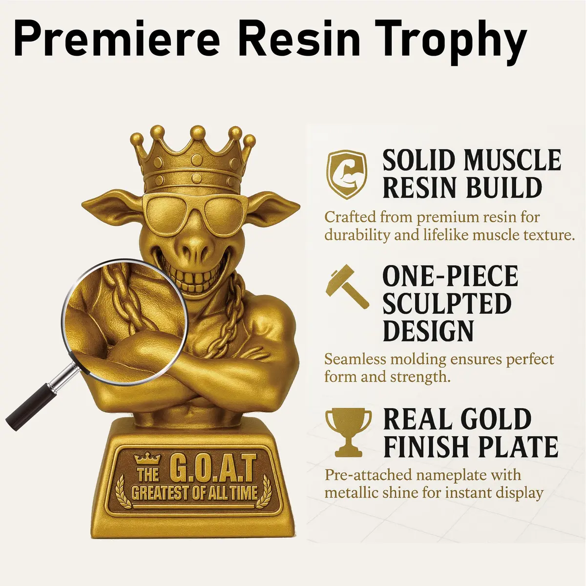 Mascotwish Muscle Goat Trophy – 9" G.O.A.T. with Muscle Resin Award for Fantasy Football, Office Desk, Best Player Trophy - view 3