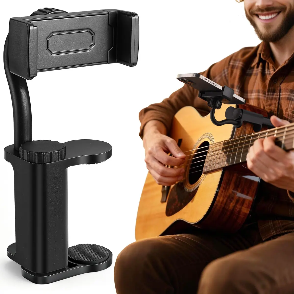 Facmogu Guitar Phone Holder, 360° Rotatable, Universal Smartphone Clamp for Guitar & Ukulele, Black - main product image