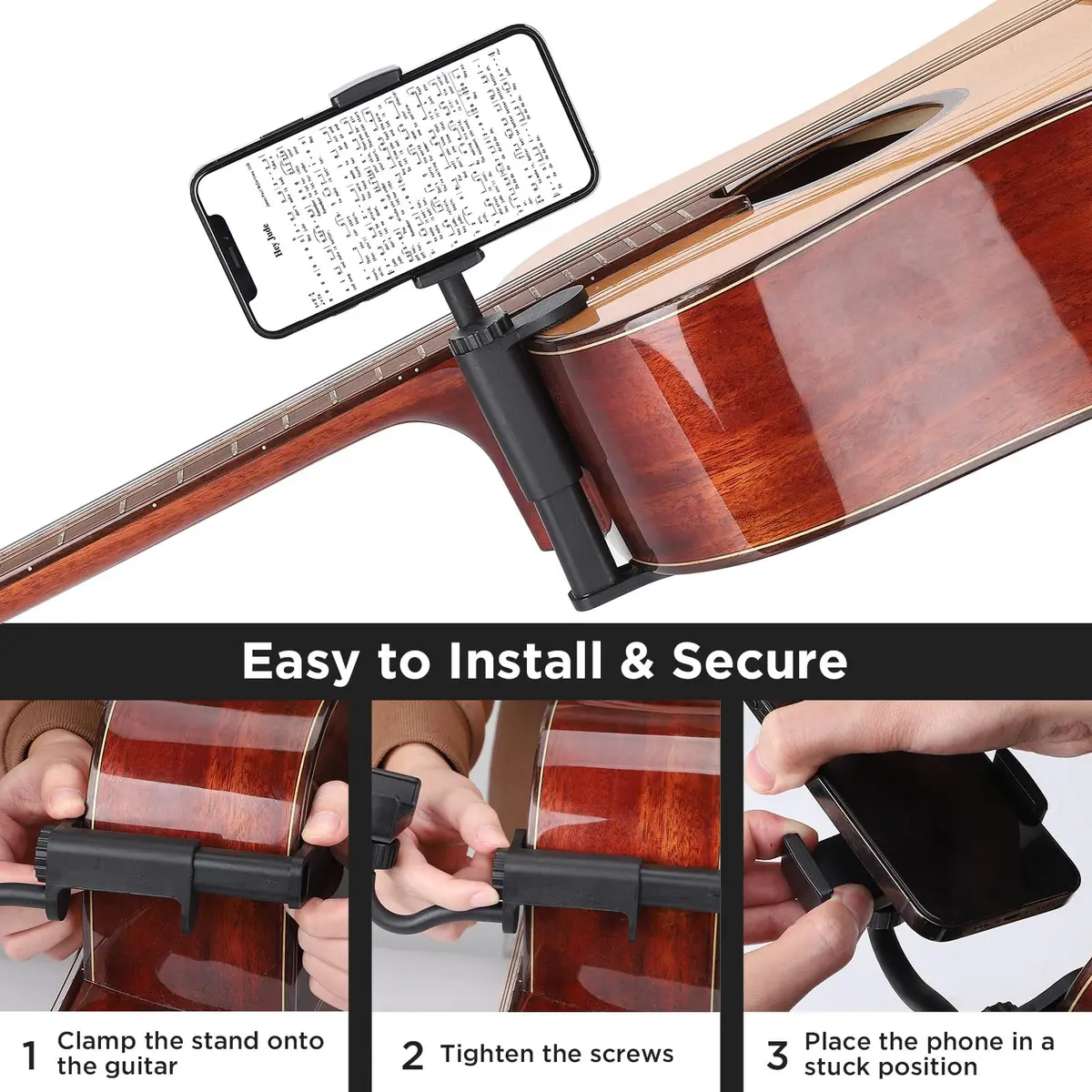Facmogu Guitar Phone Holder, 360° Rotatable, Universal Smartphone Clamp for Guitar & Ukulele, Black - view 6