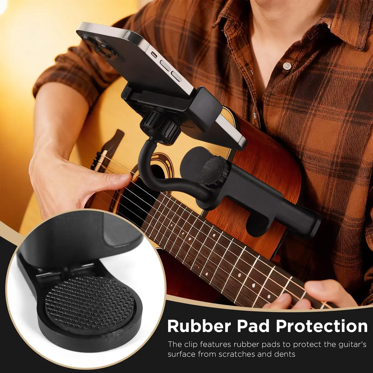 Facmogu Guitar Phone Holder, 360° Rotatable, Universal Smartphone Clamp for Guitar & Ukulele, Black - view 2