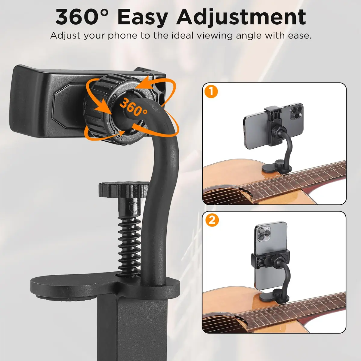 Facmogu Guitar Phone Holder, 360° Rotatable, Universal Smartphone Clamp for Guitar & Ukulele, Black - view 4