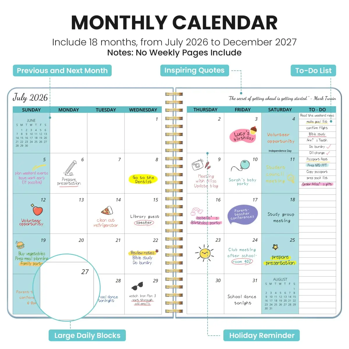 Taja Monthly Planner 2026-2027 7x10 inches | 18 Months Calendar, Jul 2026-Dec 2027 - view 2
