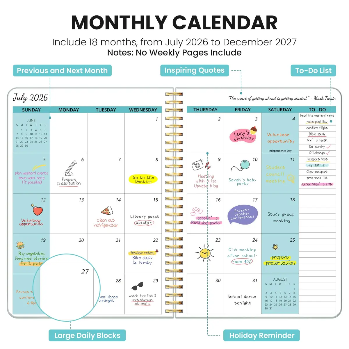 Taja Monthly Planner 2026-2027 7x10 inches | 18 Months Calendar, Jul 2026-Dec 2027, Dusty Blue - view 2