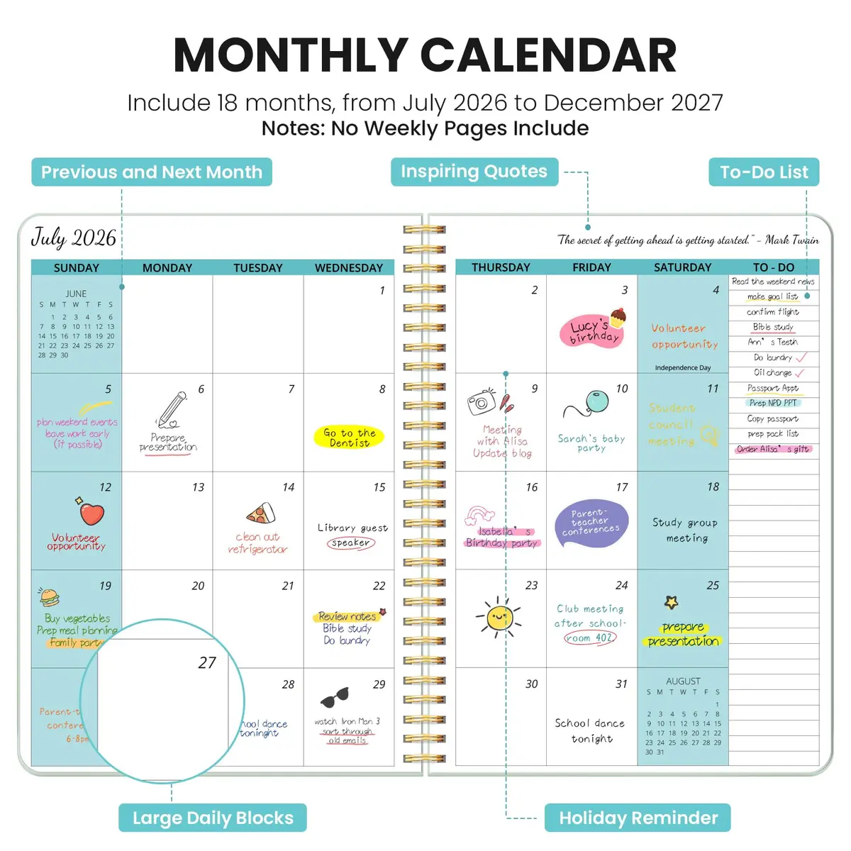 Taja Monthly Planner 2026-2027 7x10 inches | 18 Months Calendar, Jul 2026-Dec 2027 - view 2