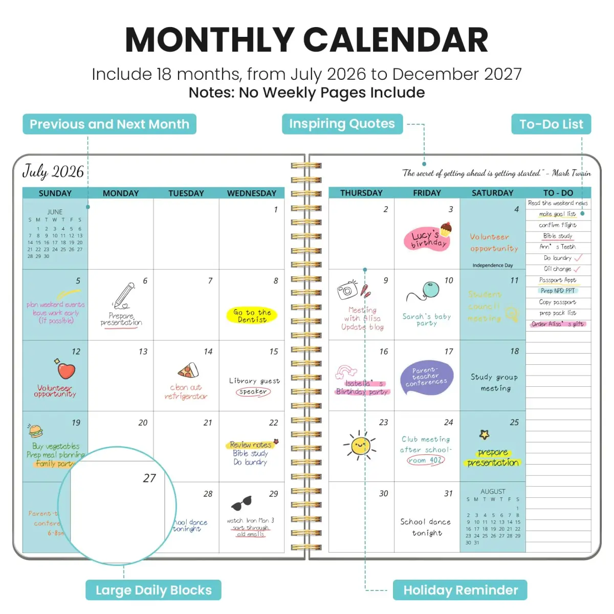 Taja Monthly Planner 2026-2027, 18 Months Calendar, Jul 2026-Dec 2027, 7" x 10" | Plan Your Year with Acid-Free Paper - view 2