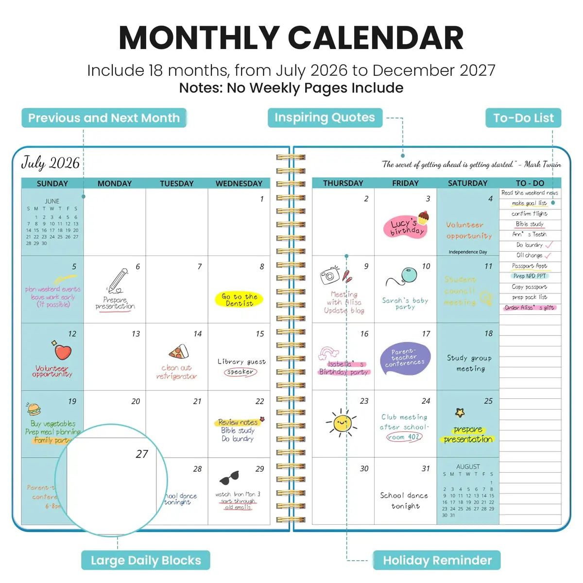 Taja Monthly Planner 2026-2027 7x10 inches | 18 Months Calendar, Jul 2026-Dec 2027, Azure Blue - view 2