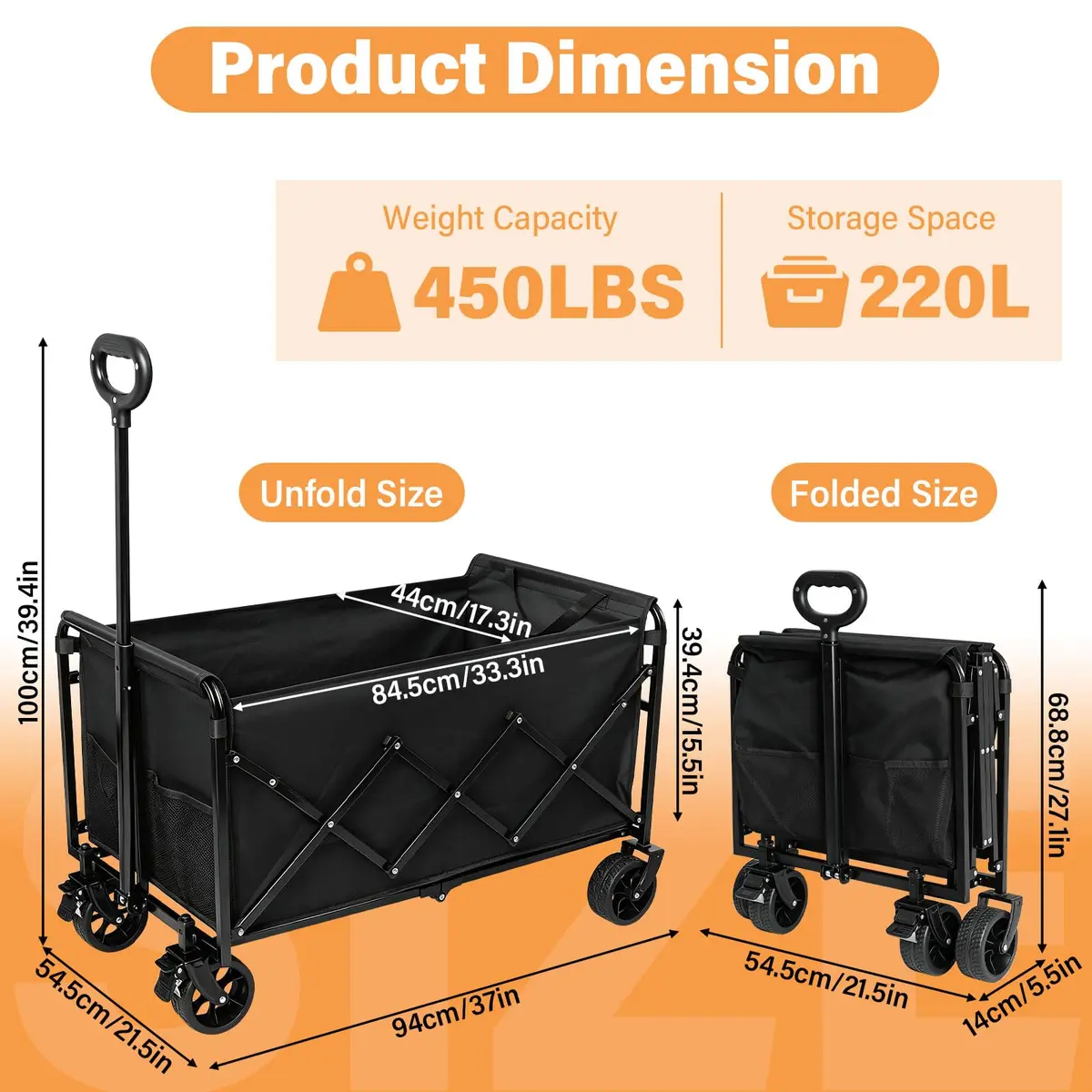 JINIHFW Heavy Duty Foldable Garden Wagon Cart 272 kg (600 lb) Capacity | All-Terrain Wheels with Brakes - view 2