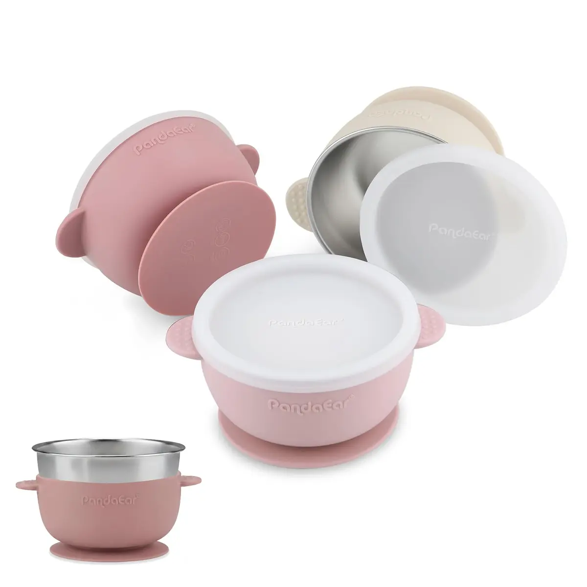 PandaEar 3 Pack Stainless Steel Baby Suction Bowls With Lids | Non-Slip, Shatterproof, Dishwasher Safe - main product image