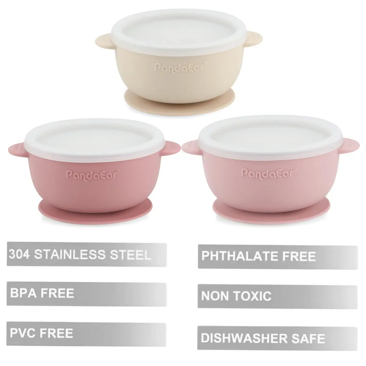 PandaEar 3 Pack Stainless Steel Baby Suction Bowls With Lids | Non-Slip, Shatterproof, Dishwasher Safe - view 3
