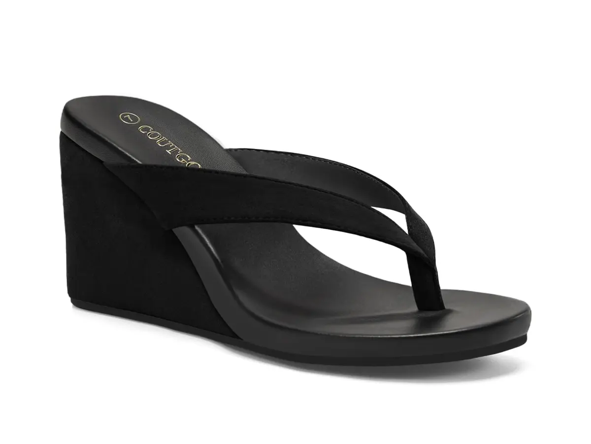 Coutgo Women's Wedge Heel Sandals Platform Flip Flops Slides Beach Shoes Suede Black 7 US (8.1 cm Heel) - main product image