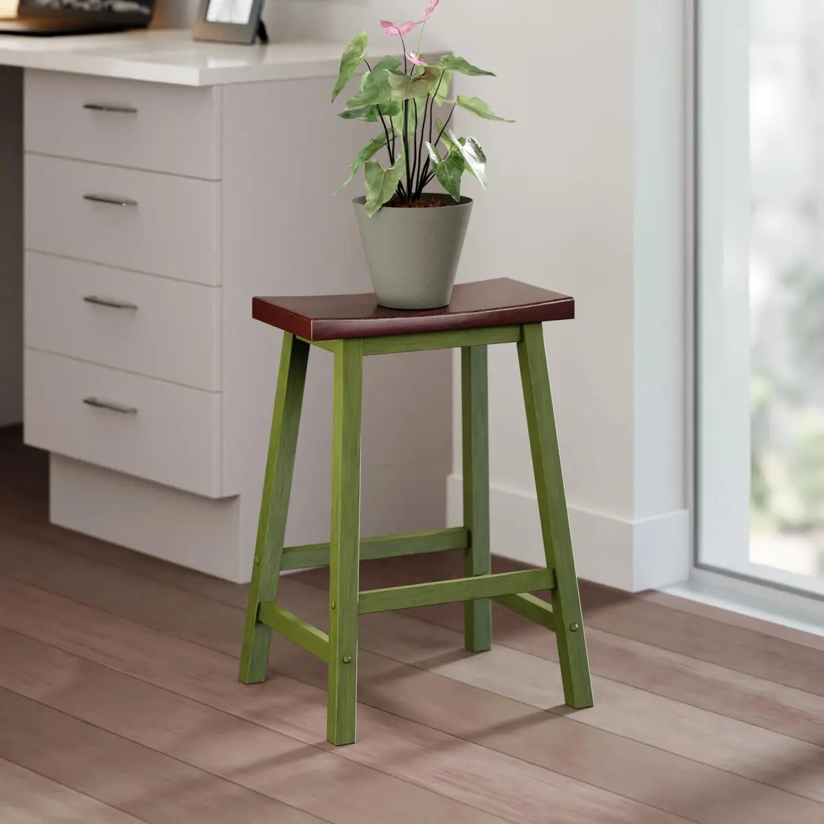 Winsome Satori Saddle Seat 24" Counter Stool Rustic Green Walnut Finish | Solid Wood Comfort - view 2