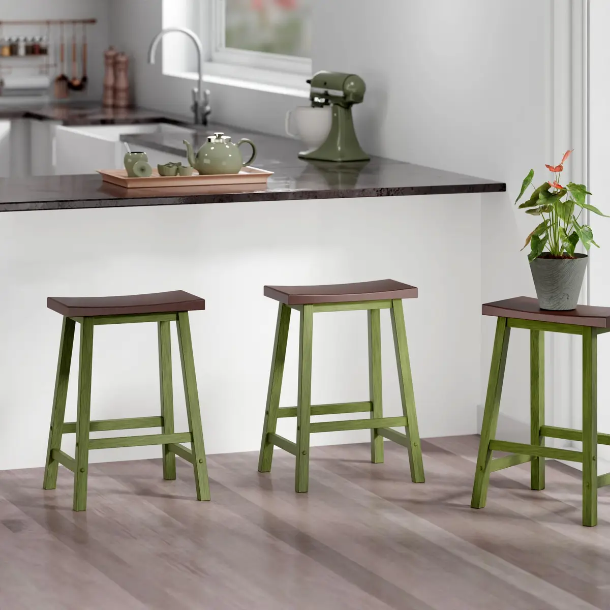 Winsome Satori Saddle Seat 24" Counter Stool Rustic Green Walnut Finish | Solid Wood Comfort - view 3